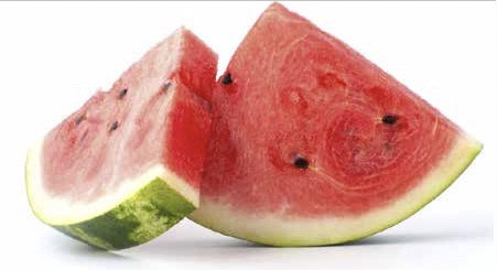A closeup of some seeded watermelon
