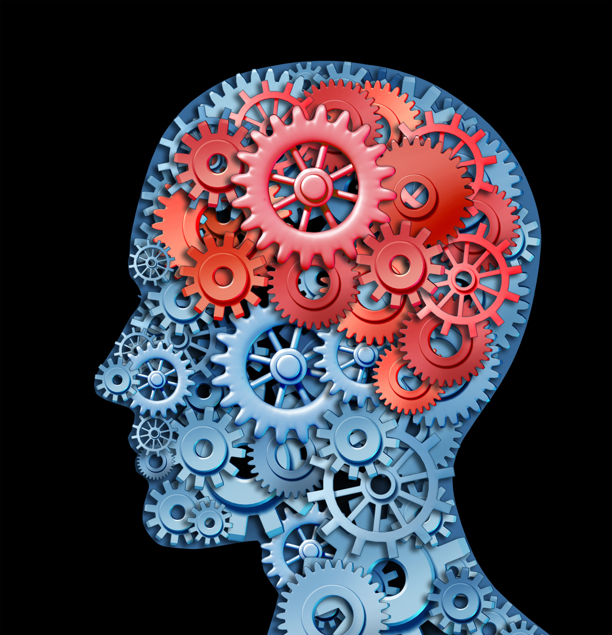 A picture of a head, filled with many gears, and red gears where the brain would be