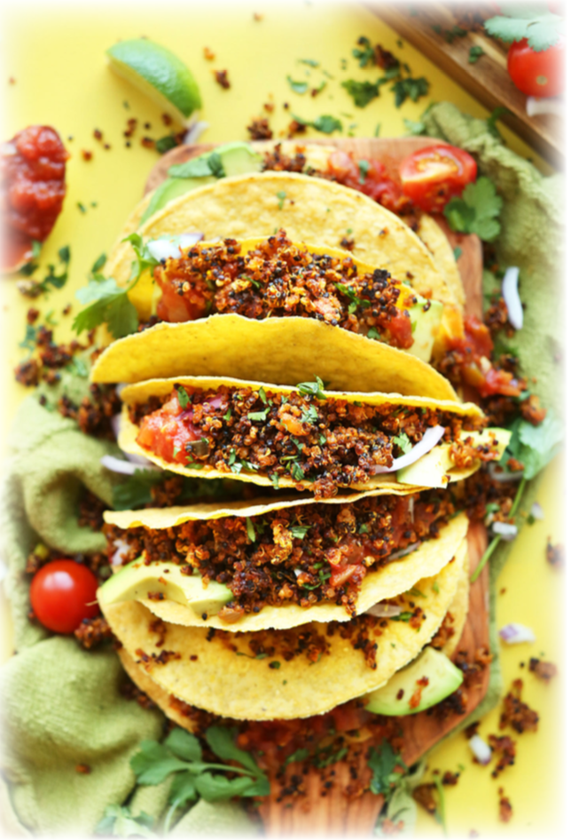 An overhead shot of Super Grain Quinoa Tacos, very colorful foods