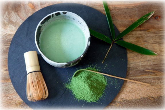A photo of Matcha and the materials used to create it