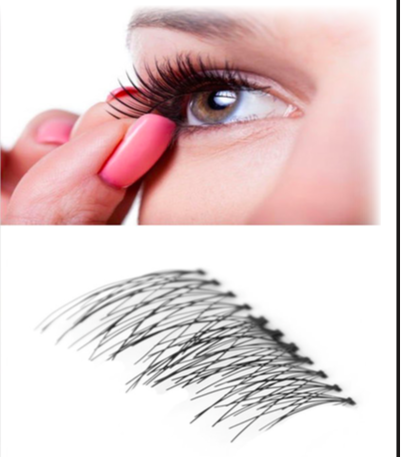 A lady taking off her magnetic eye lashes, with some lashes visible in the bottom frame