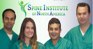4 doctors standing in front of a sign for the Spine Institute of North America