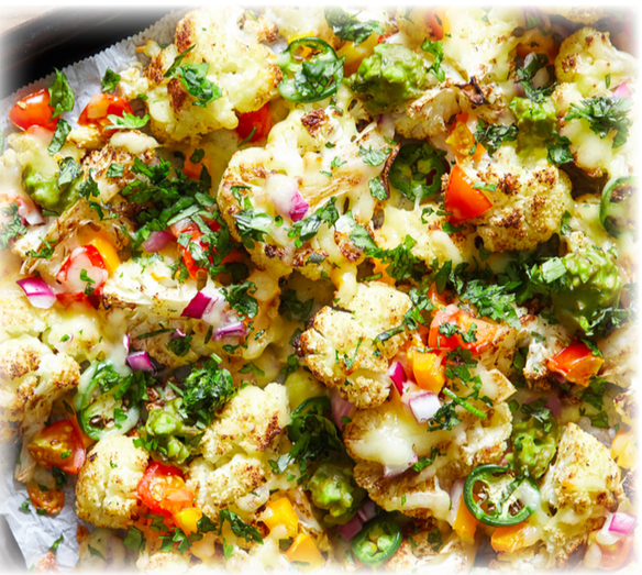 A plate of some very colorful spicy cauliflower Nachos