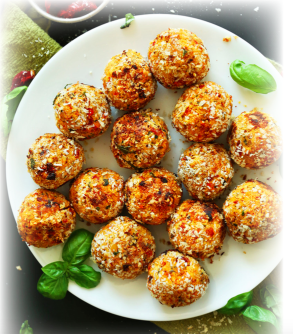A plate of colorful chickpea meatballs