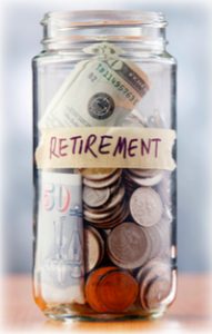 A jar labelled "retirement" filled with coins and bills