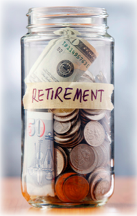 A jar labelled "retirement" filled with coins and bills