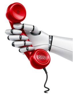 A robot hand holding a red telephone