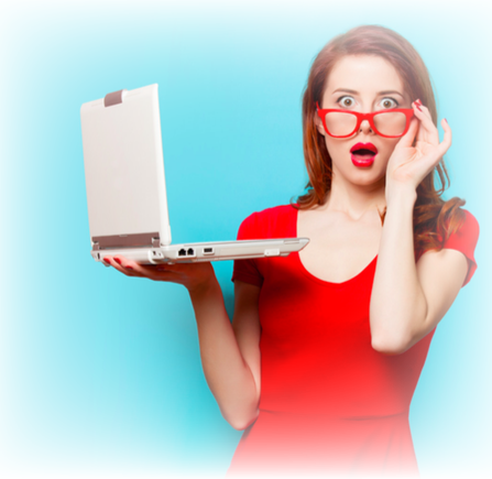 A lady in red with red glasses holding a white laptop with a blue background