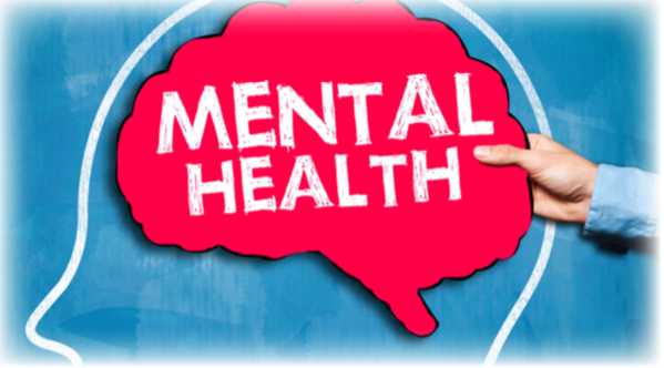 A picture of a drawn brain with the words "mental health" written on it