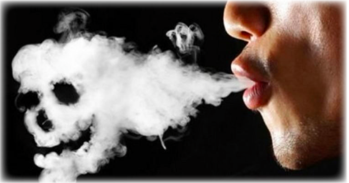A picture of a man exhaling vapor and it looks like a skull