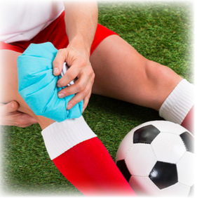A closeup of a soccer players leg, with an ice pack held on tight