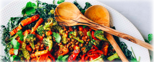 A roasted vegetable and lentil lunch, looking very colorful
