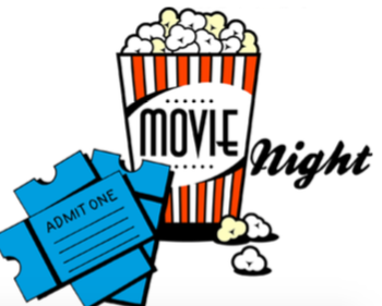 A clipart that is of movie tickets and a popcorn container that says movie night