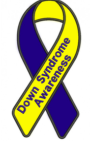 A ribbon that is blue and yellow for down syndrome awareness