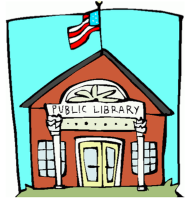 A clipart of a building that is the public library, with an american flag on top