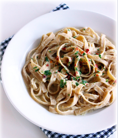 A plate of whole-wheat cauliflower Alfredo