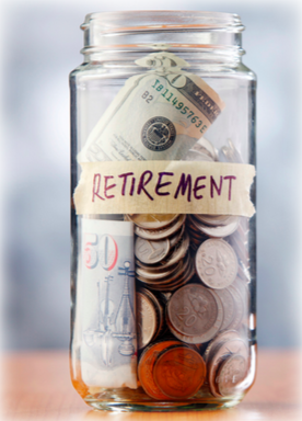 A jar filled with coins and a few bills labeled "retirement"