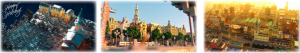 Photos of professionally built minecraft worlds, with castles, skyscrapers, and more