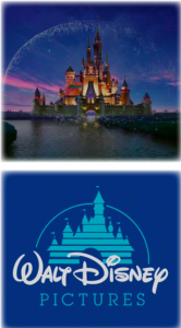 The Disney world castle and the walt Disney pictures logo