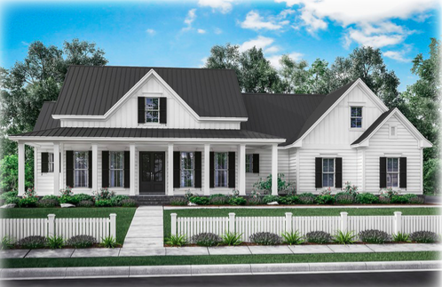 A white house with a black roof, a manicured lawn and a white fence