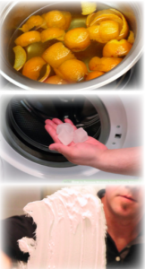 Fruit in a bowl, ice in someone's hand in front of a dryer.