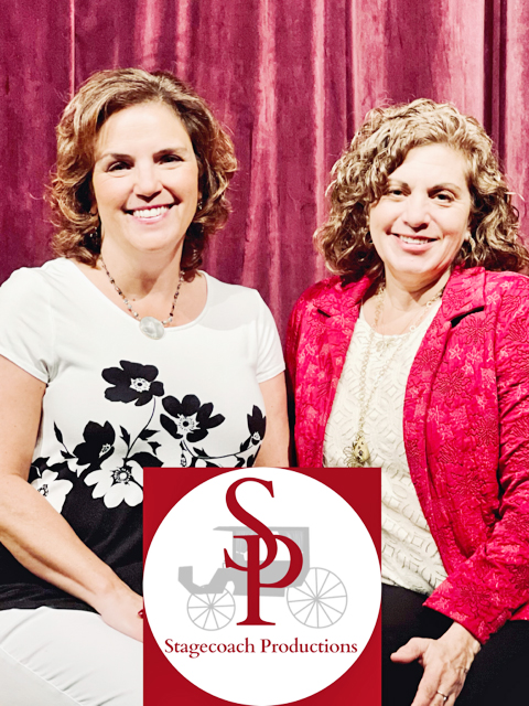 A picture of two ladies with a red background, in front of them is the stagecoach productions logo