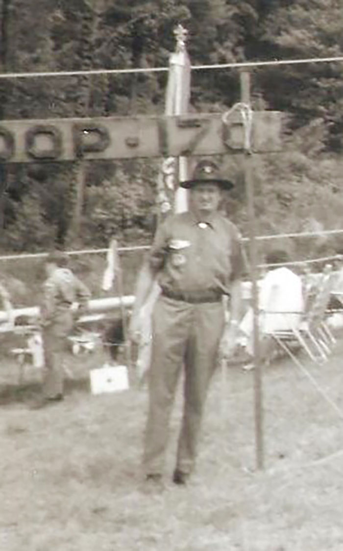 A very rare photograph of Dad standing beneath the legendary Troop 170 campsite gateway sign. My sister, Reverend Patricia Mabey, took this picture back in the Spring of 1973.