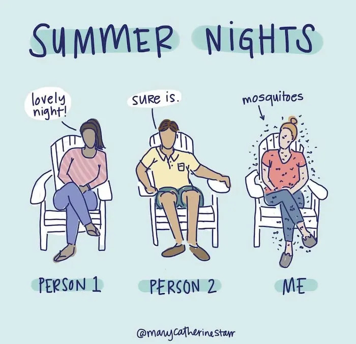 A meme about mosquitos on summer nights, showing 2 people doing perfect and a third getting bombarded by mosquitos