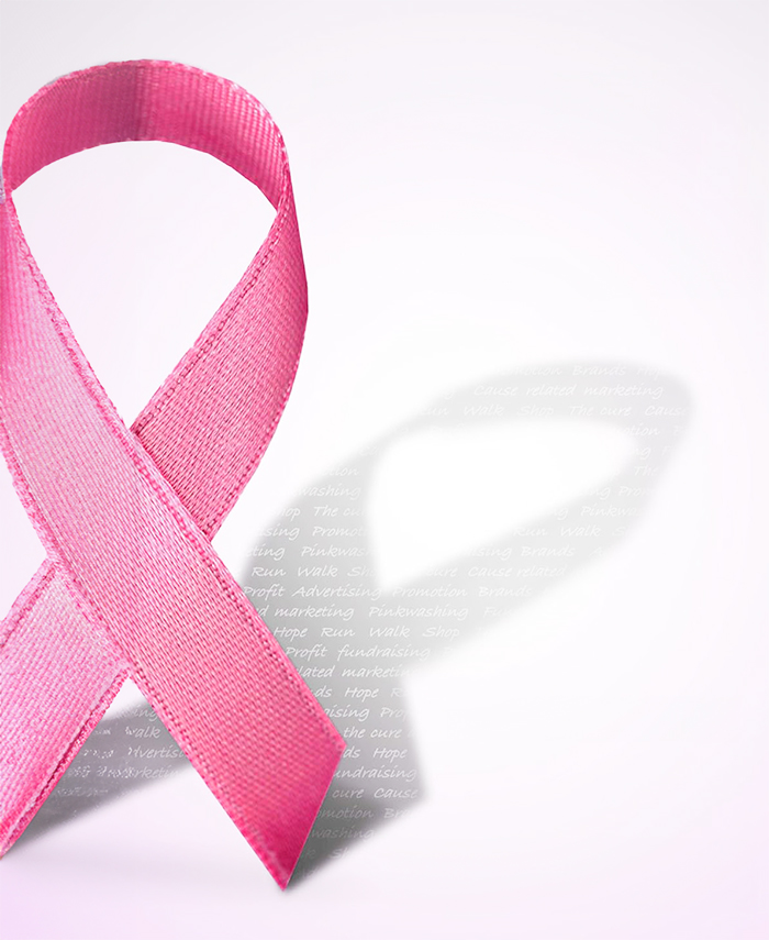 A Pink ribbon with a shadow cast revealing words