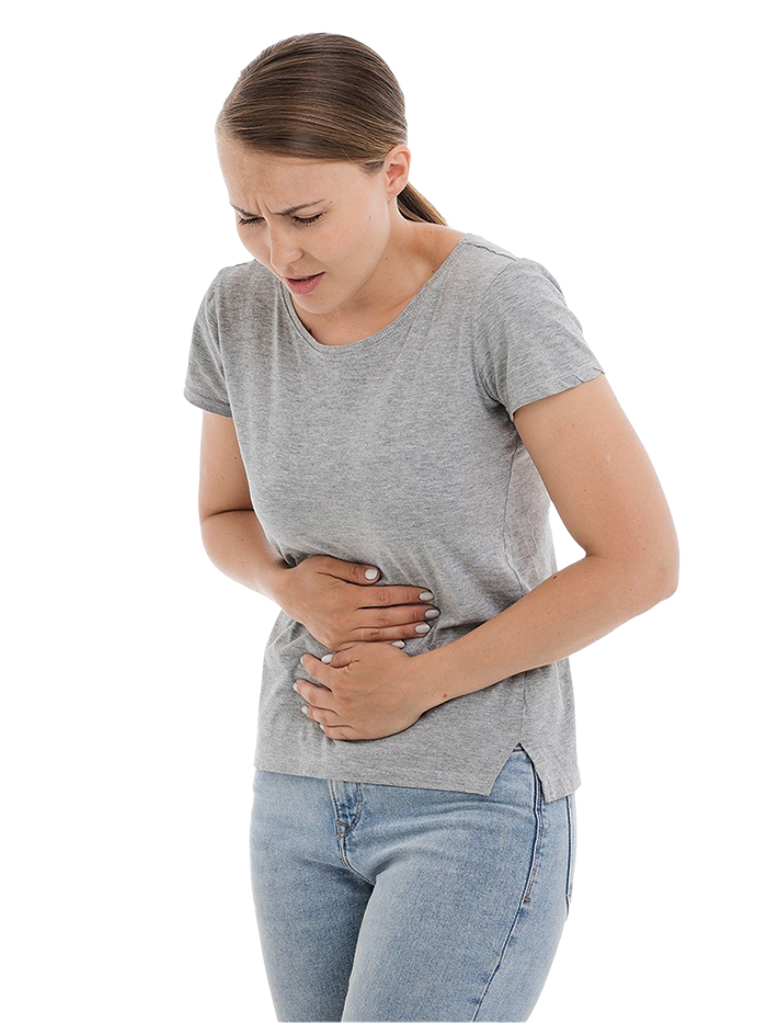 A lady clutching her stomach in pain, with a white background