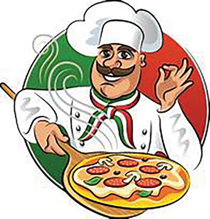 A clipart style image of an italian pizza chef holding a pizza