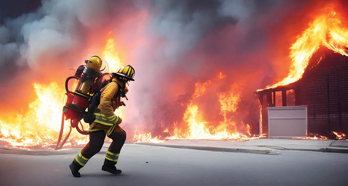 An Ai Generated Scene of a fire fighter rushing to a fire
