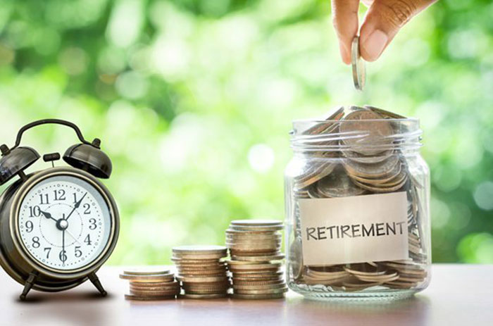 A clock, next to coins, and a jar labelled "Retirement"
