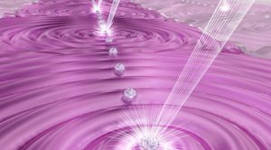 A purple image, with beams flying inward and dollops of light on the surface