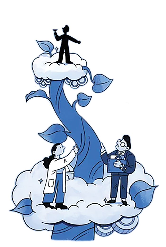 A drawn picture of a man atop a beanstalk with people ogling from below.