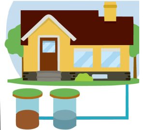 A clipart style picture of a house, with water beneath it