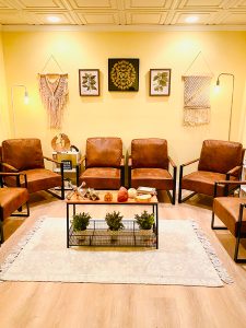 The waiting room of an office, with a modern and bright twist