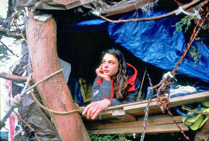 A picture of someone laying in a fort atop a very tall tree, wearing rain gear
