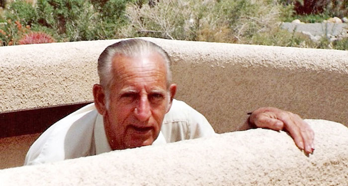 An elderly man peers over a stone wall, with greenery in the background, showcasing a warm, sunny day.