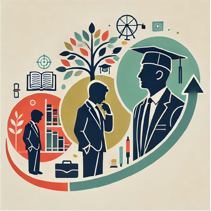 A stylized illustration depicting two figures in business attire, surrounded by symbols of education, growth, and career development.
