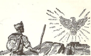 A soldier with a backpack gazes in awe at a radiant eagle soaring above an ancient stone structure.