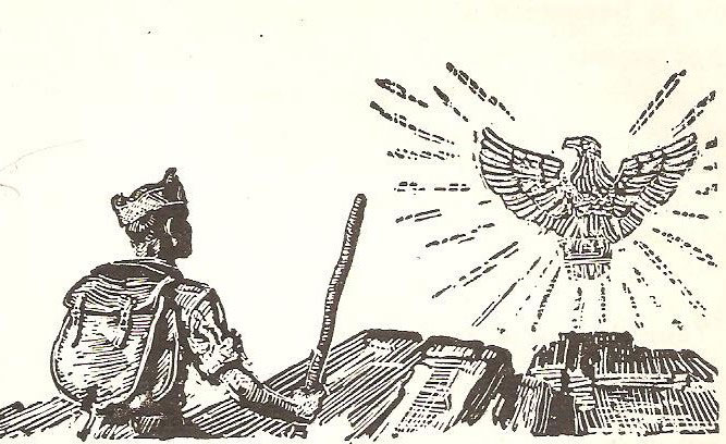A soldier with a backpack gazes in awe at a radiant eagle soaring above an ancient stone structure.
